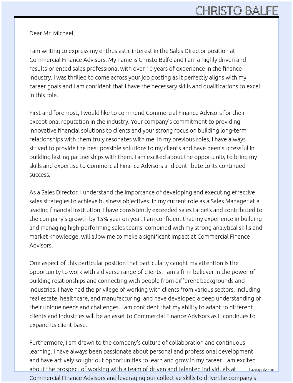 Sales Director  At Commercial Finance Advisors  Cover Letter