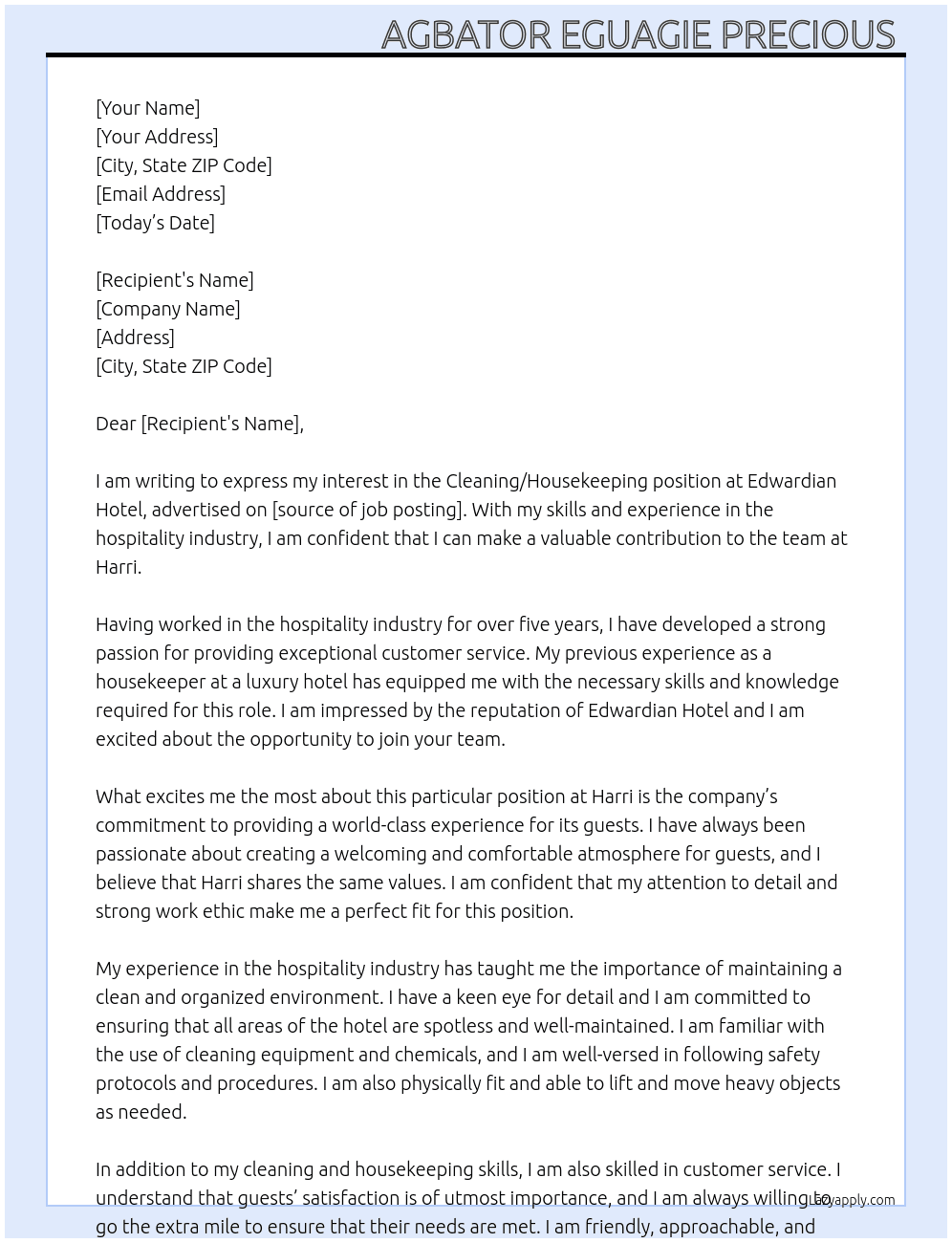 Cleaning/house keeping  At Harri Cover Letter