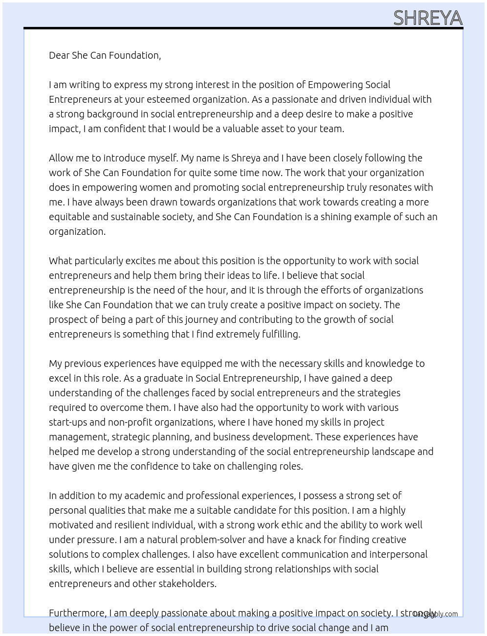 Empowering Social Entrepreneurs  At She Can Foundation Cover Letter