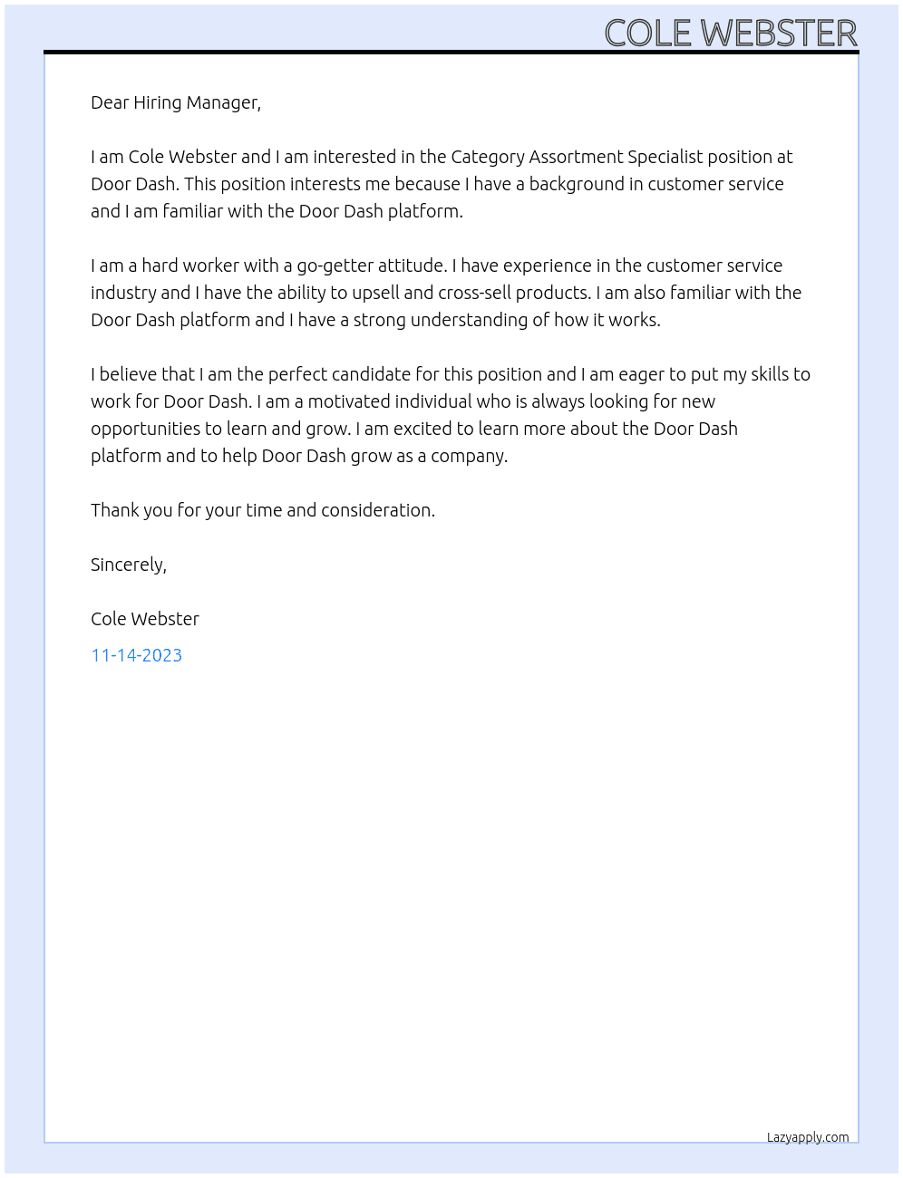 Category Assortment Specialist At Door Dash Cover Letter