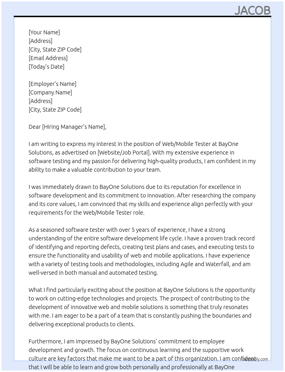 Web / Mobile Tester At BayOne Solutions Cover Letter