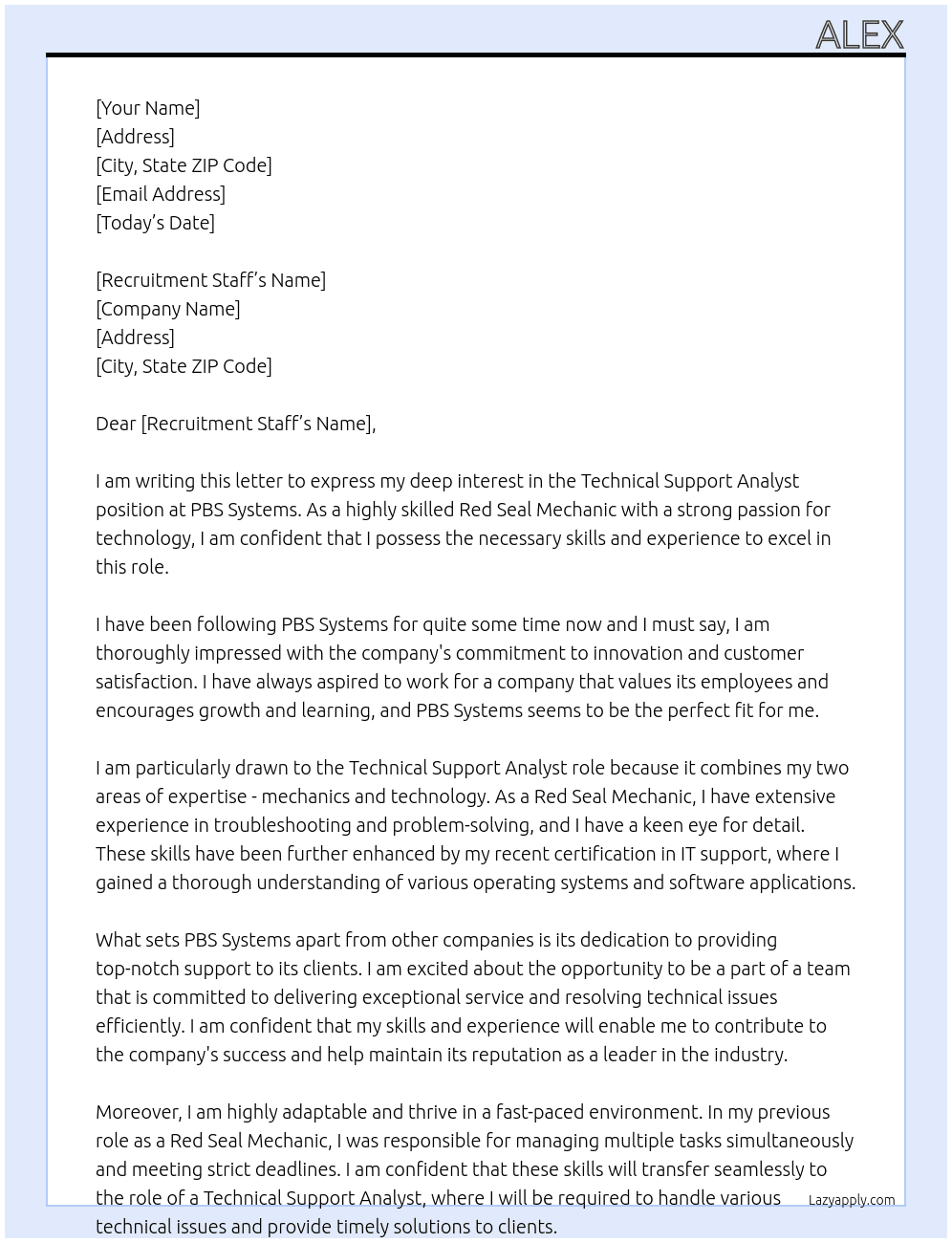 Technical Support Analyst At PBS Systems Cover Letter
