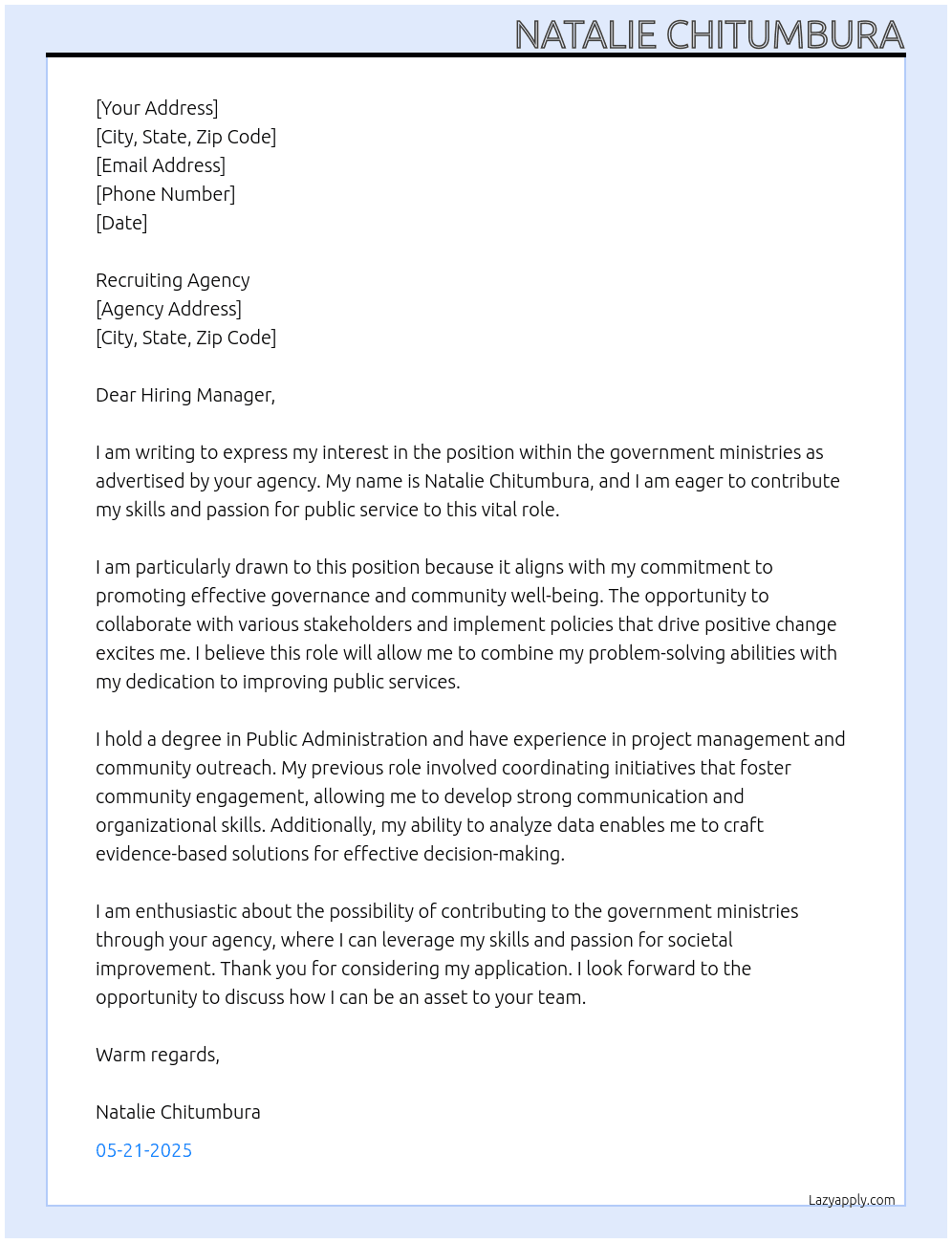 Cover letter for government ministries - LazyApply