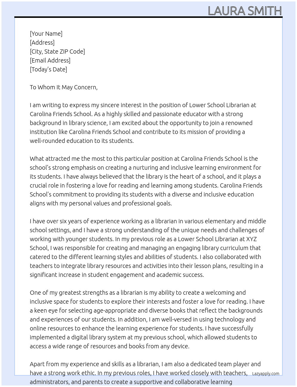 Lower School Librarian At Carolina Friends School Cover Letter
