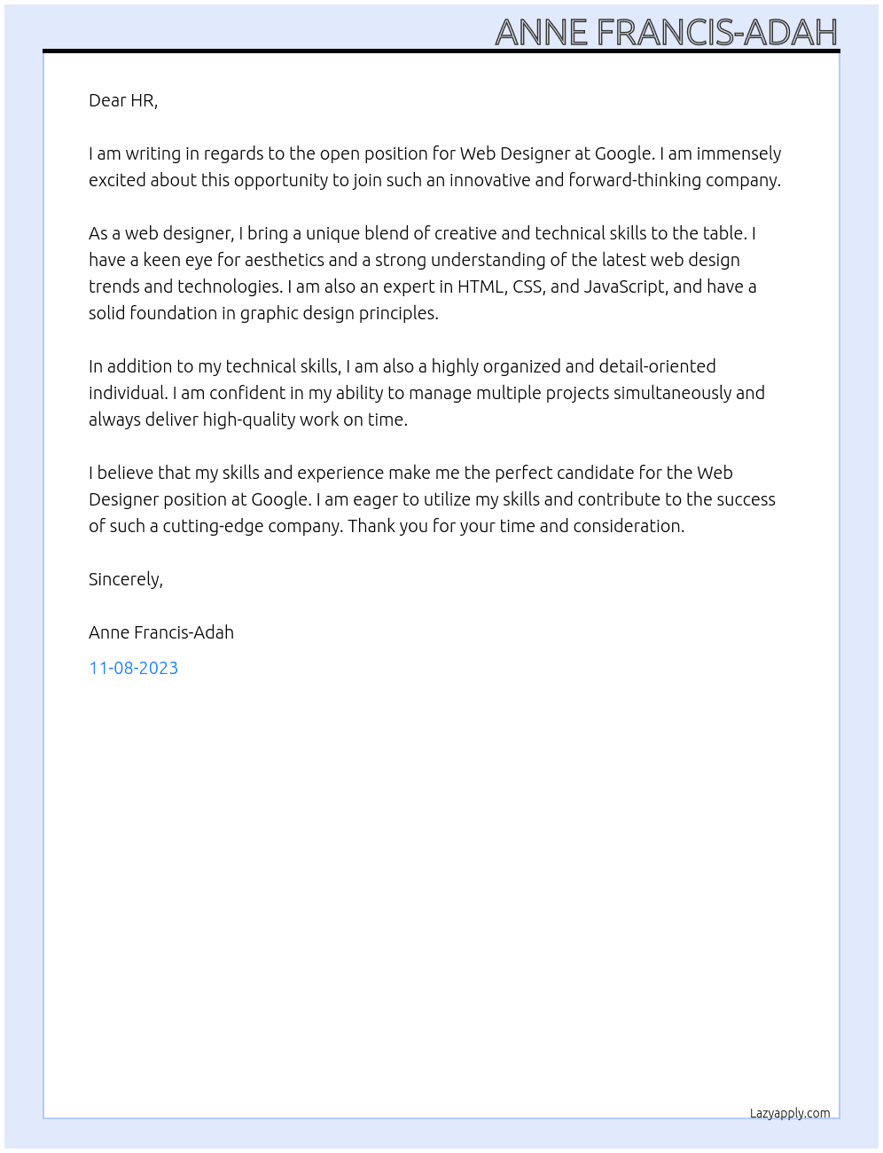 Web Designer  At Google  Cover Letter