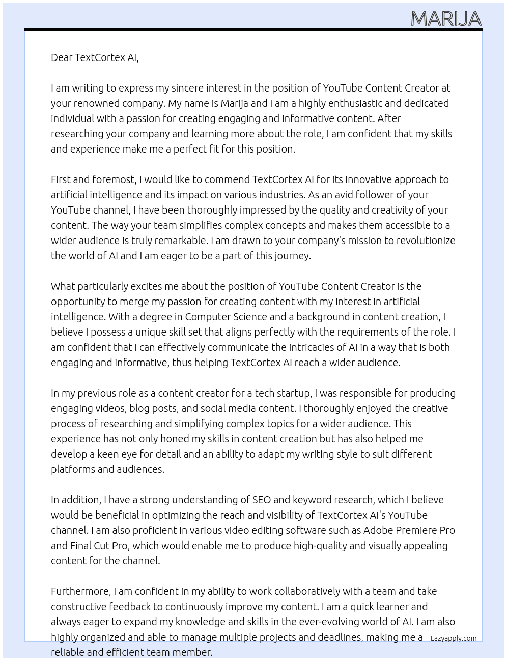 YouTube Content Creator At TextCortex AI Cover Letter