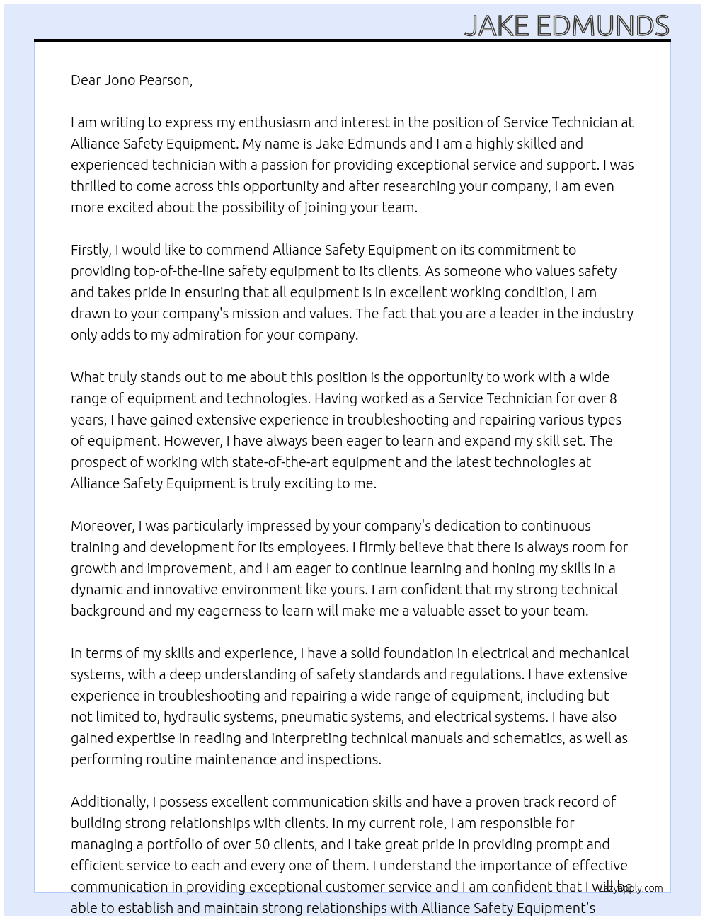 Service Technician At Alliance Safety Equipment Cover Letter