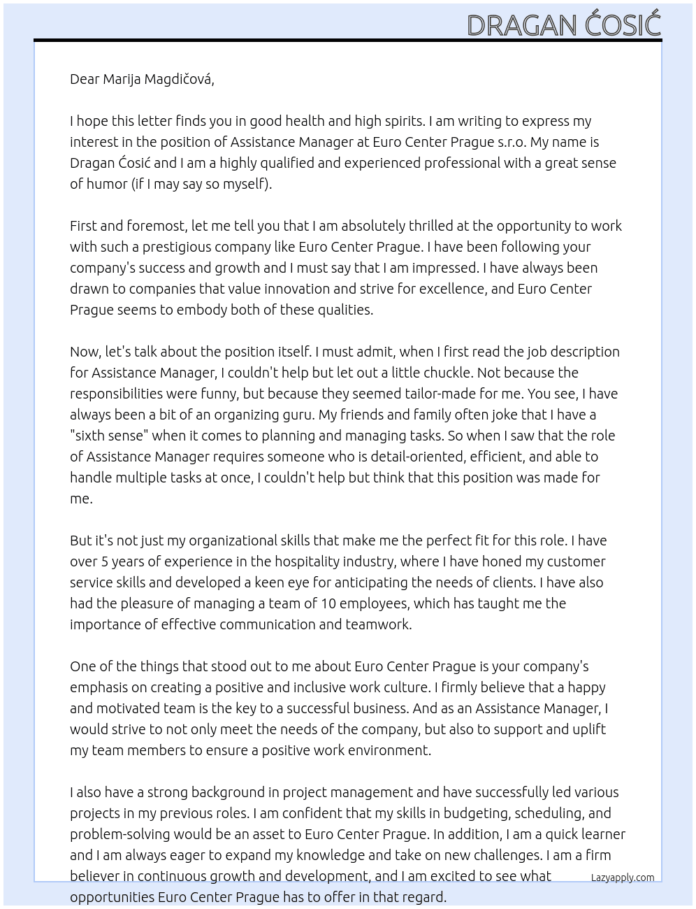 Assistance Manager At Euro Center Prague s.r.o Cover Letter