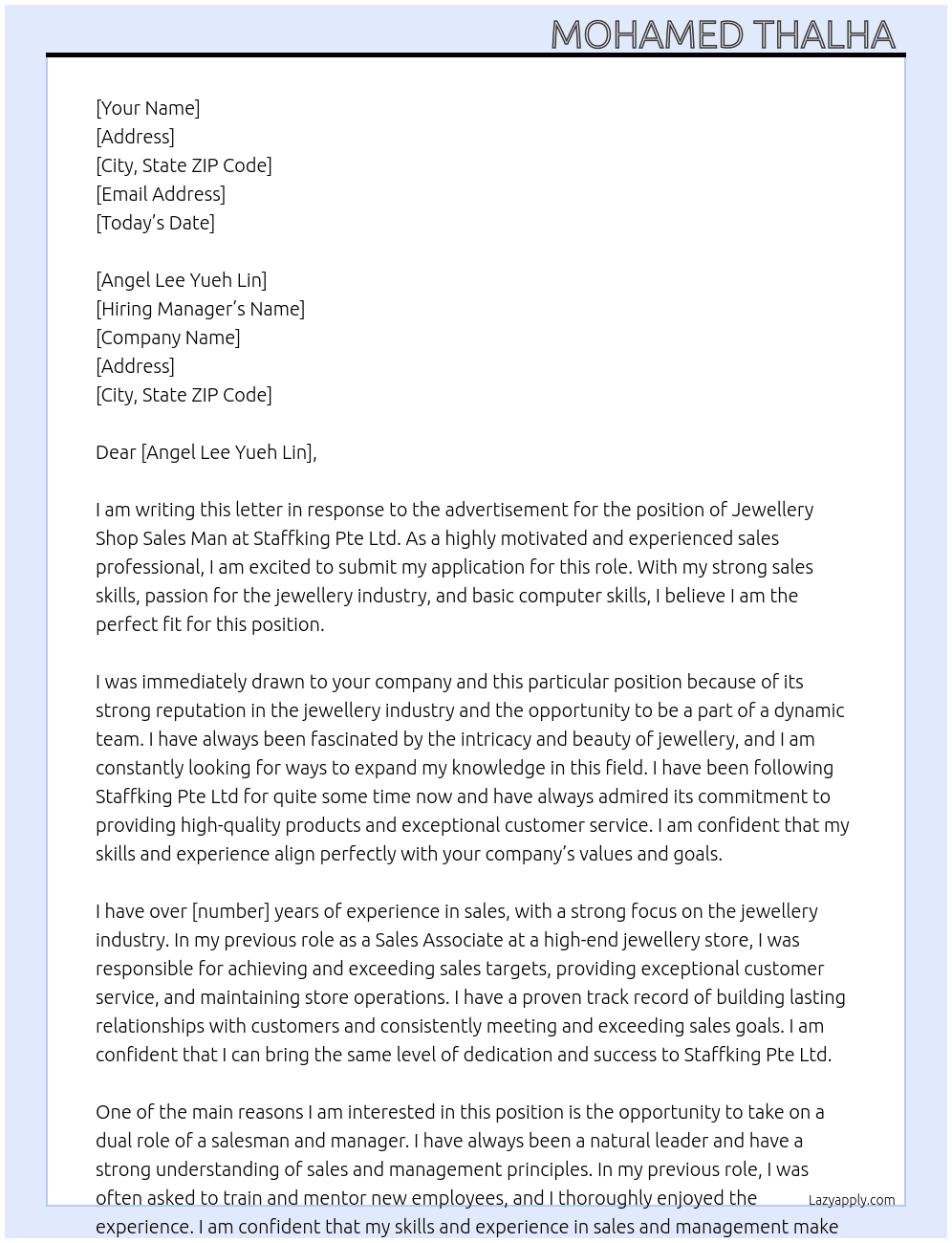 Jewellery Shop Sales Man  At Staffking Pte Ltd  Cover Letter