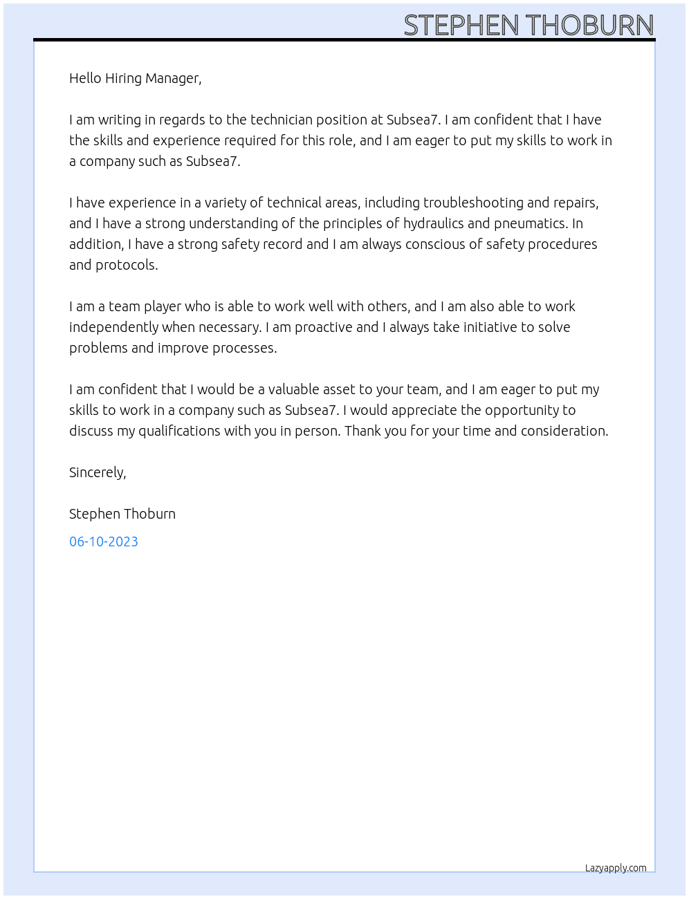 Technician At Subsea7 Cover Letter