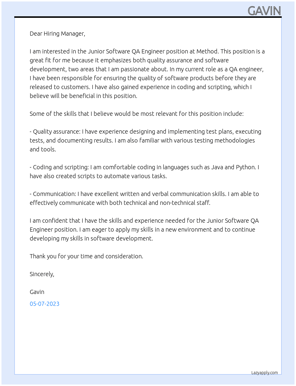 Junior Software QA Engineer At method Cover Letter