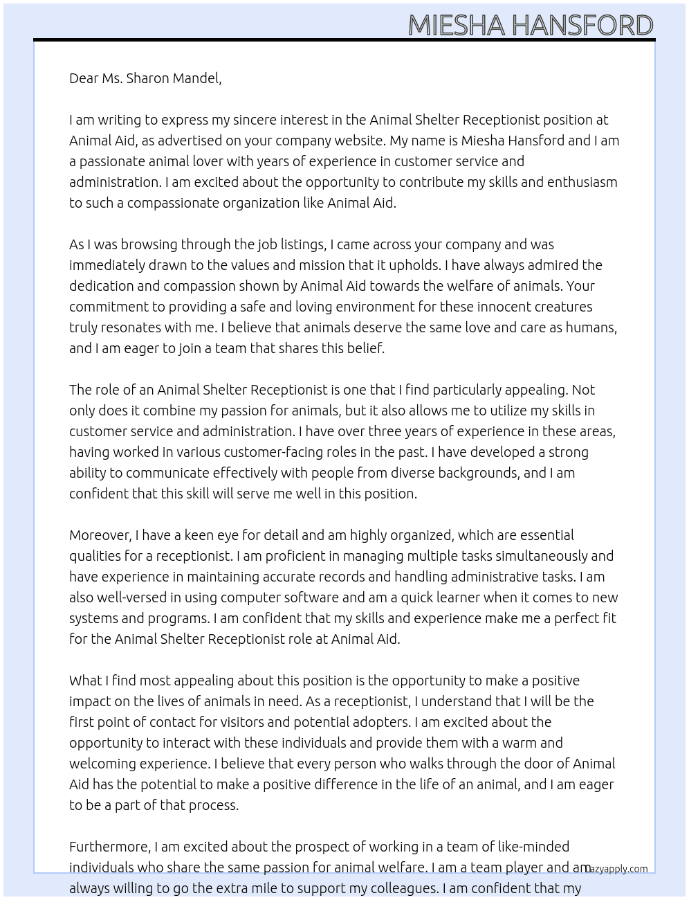 Animal Shelter Receptionist At Animal Aid Cover Letter