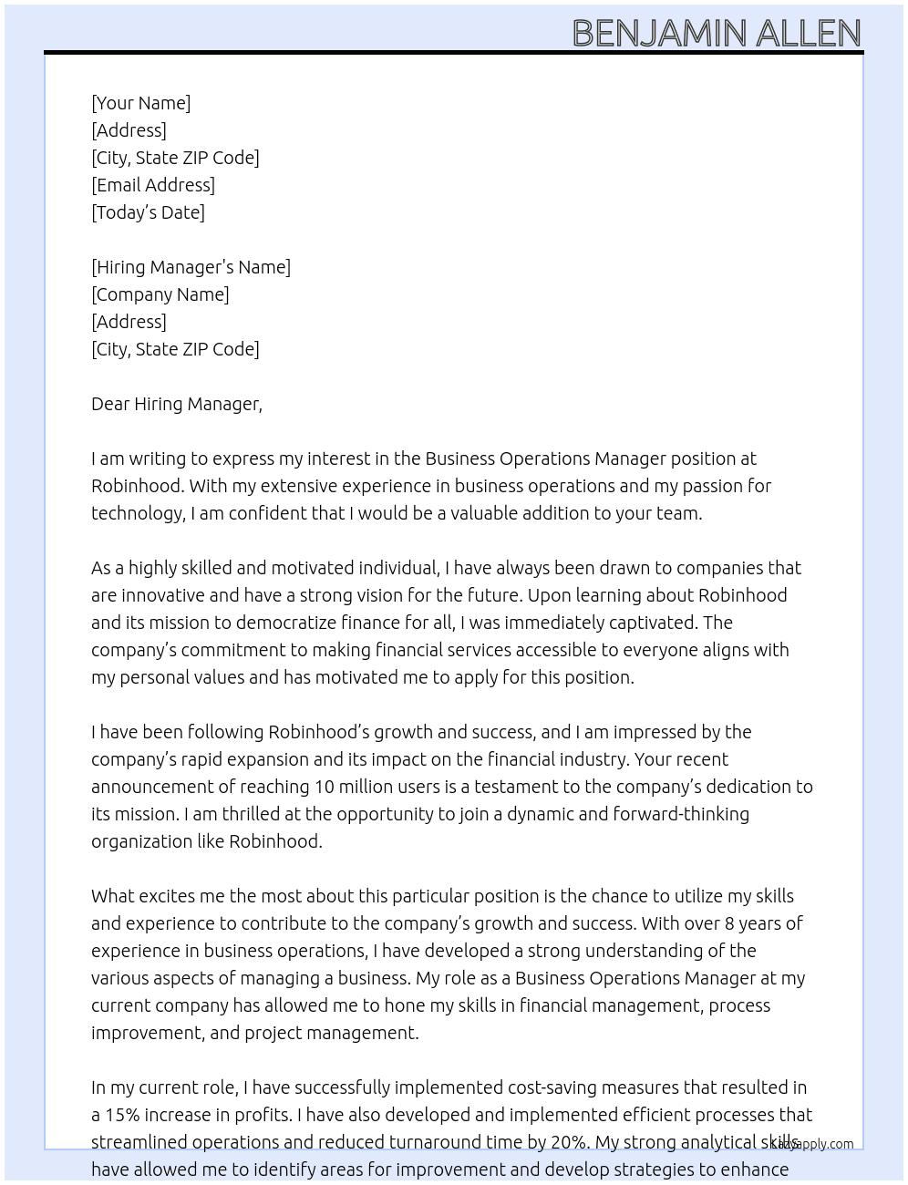 Business Operations Manager At Robinhood Cover Letter