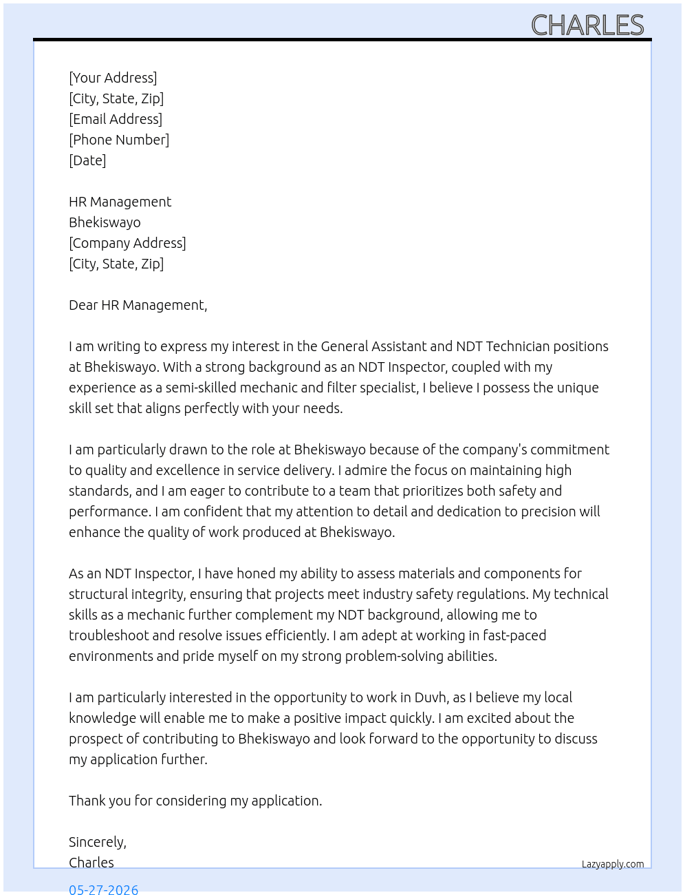 General assistants and NDT technician  At bhekiswayo Cover Letter