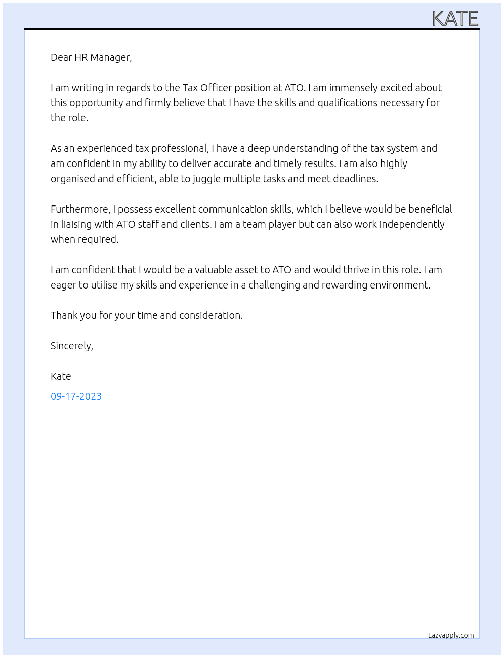 Tax officer At ATO Cover Letter