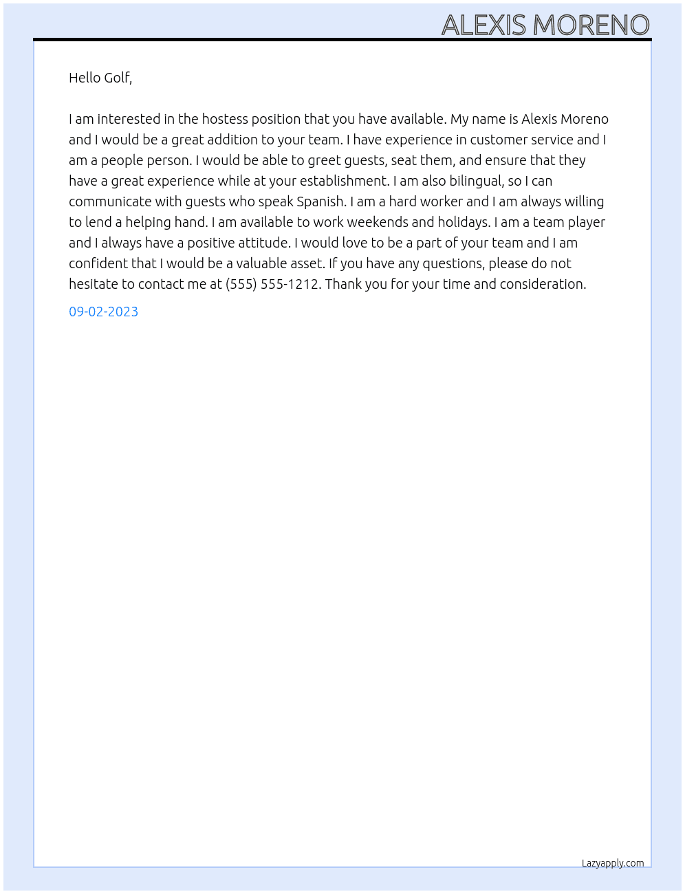 Hostess At Golf Cover Letter