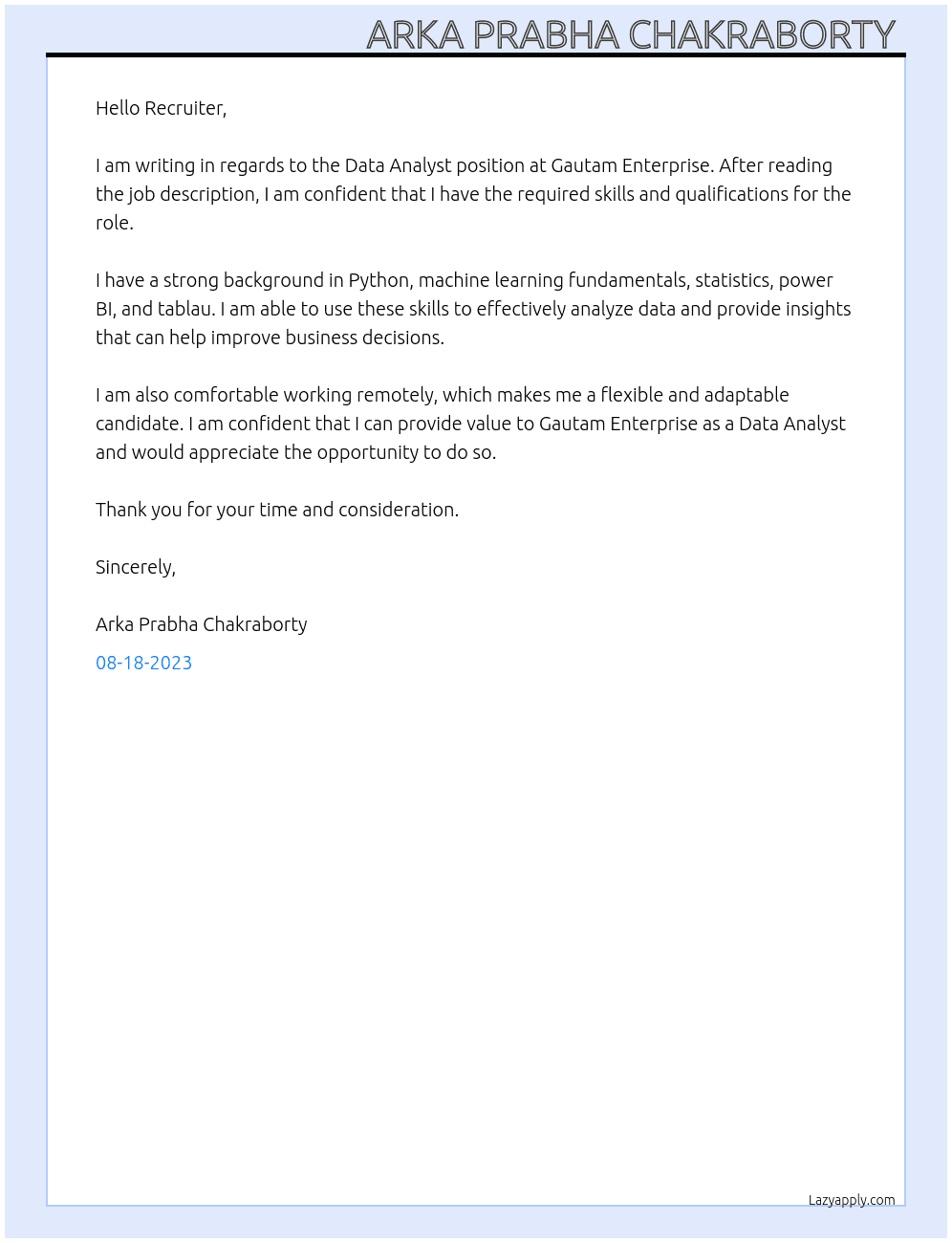 Data analyst At Gautam Enterprise Cover Letter