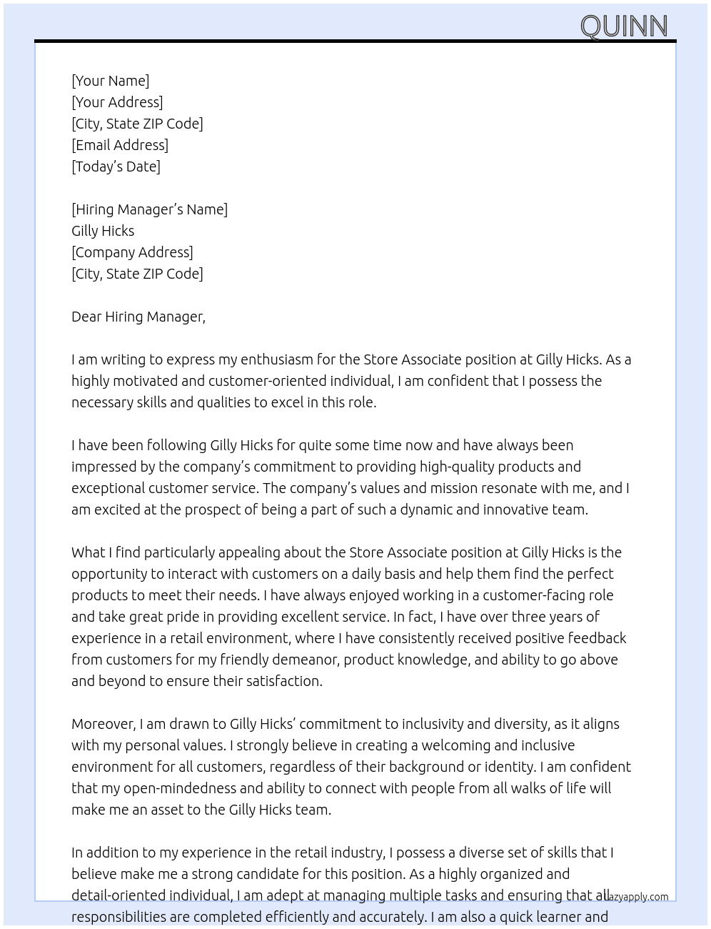 Store associate  At Gilly Hicks Cover Letter