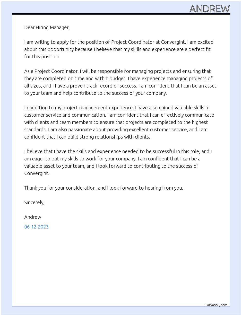 Project Coordinator At Convergint Cover Letter