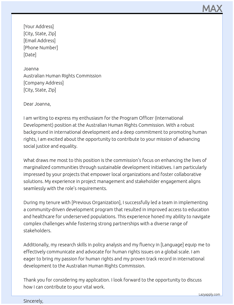 Program Officer (International Development) At Australian Human Rights Commission Cover Letter