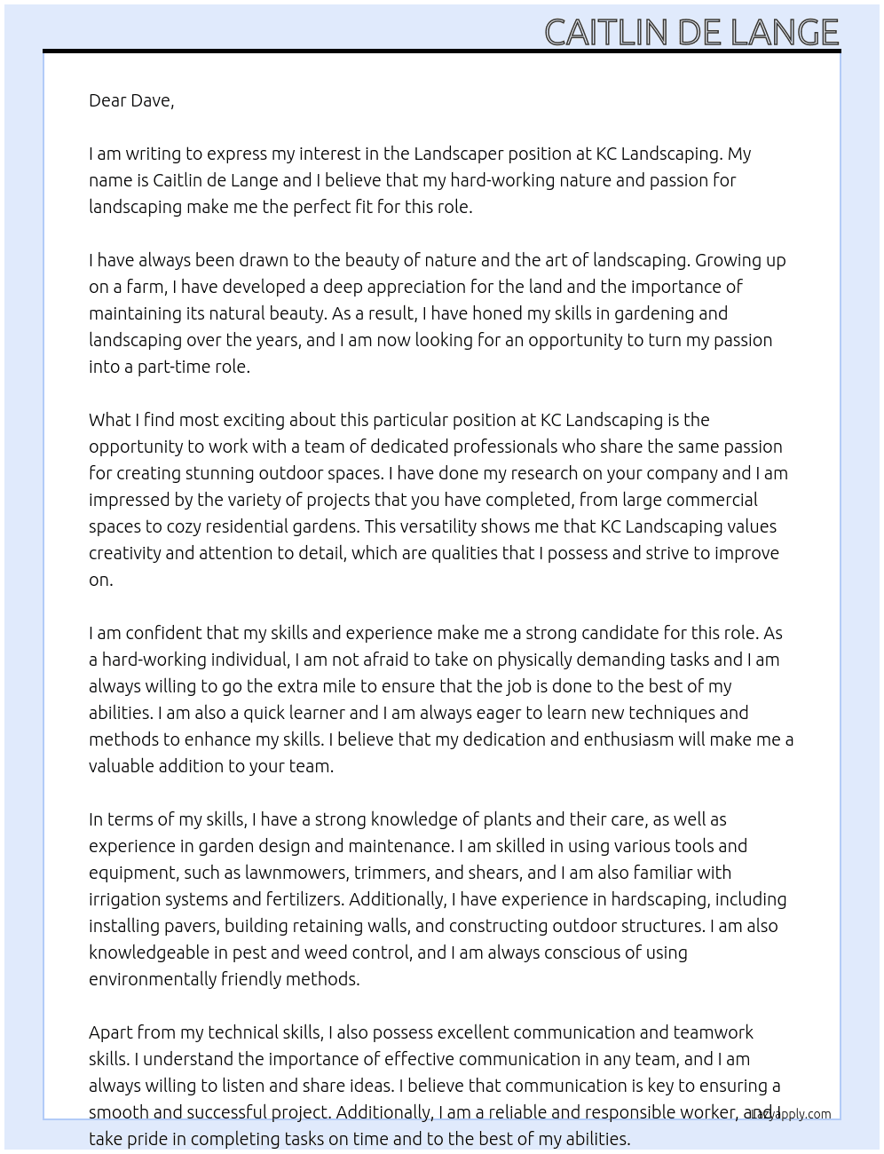 Landscaper At KC Landscaping Cover Letter