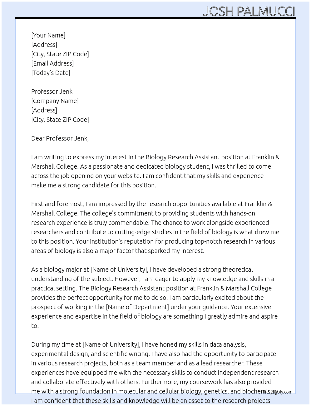 Biology Research Assistant At Franklin & Marshall College Cover Letter