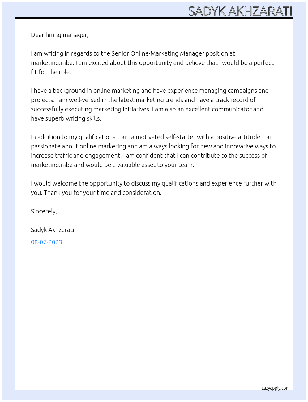 Senior Online-Marketing Manager At marketing.mba Cover Letter
