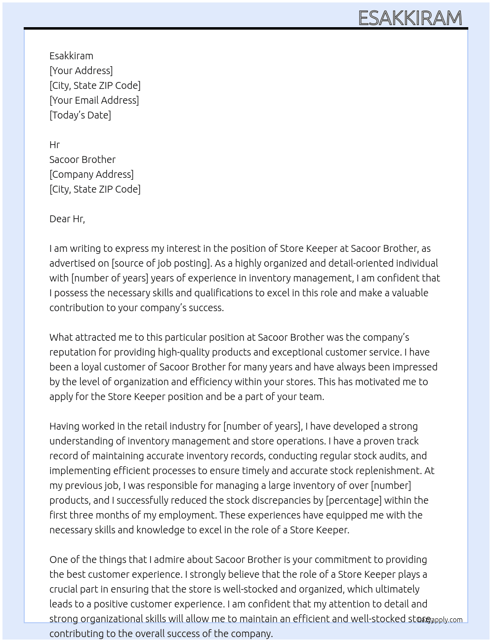 Store keeper  At Sacoor brother  Cover Letter