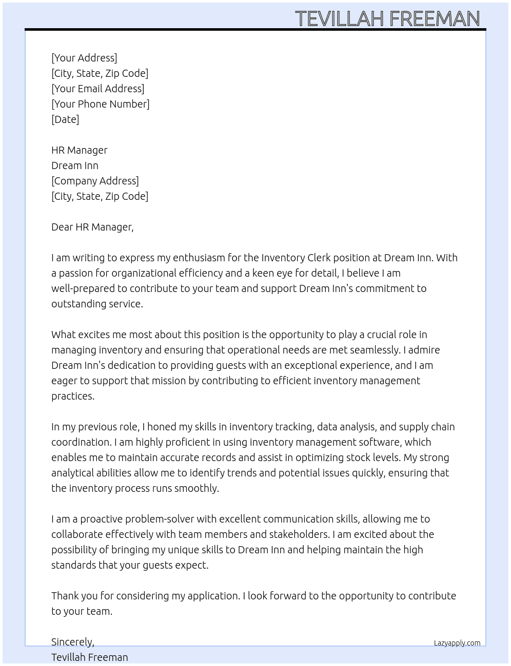 Inventory clerk At Dream Inn Cover Letter