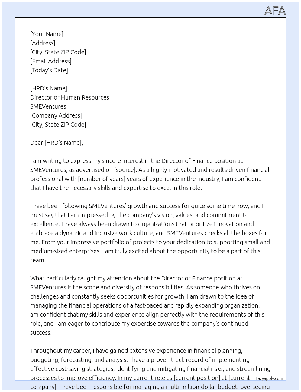 Director of Finance At SMEVentures Cover Letter