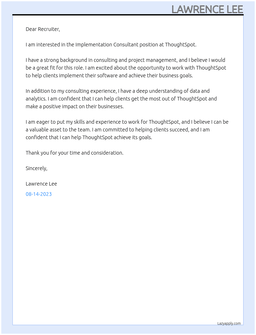 Implementation Consultant At ThoughtSpot Cover Letter