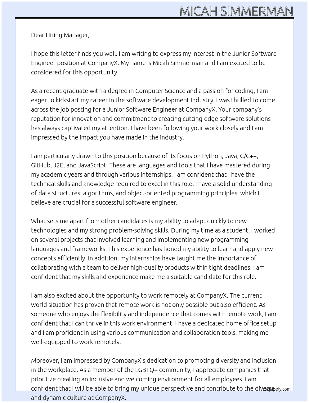 Junior Software Engineer At CompanyX Cover Letter
