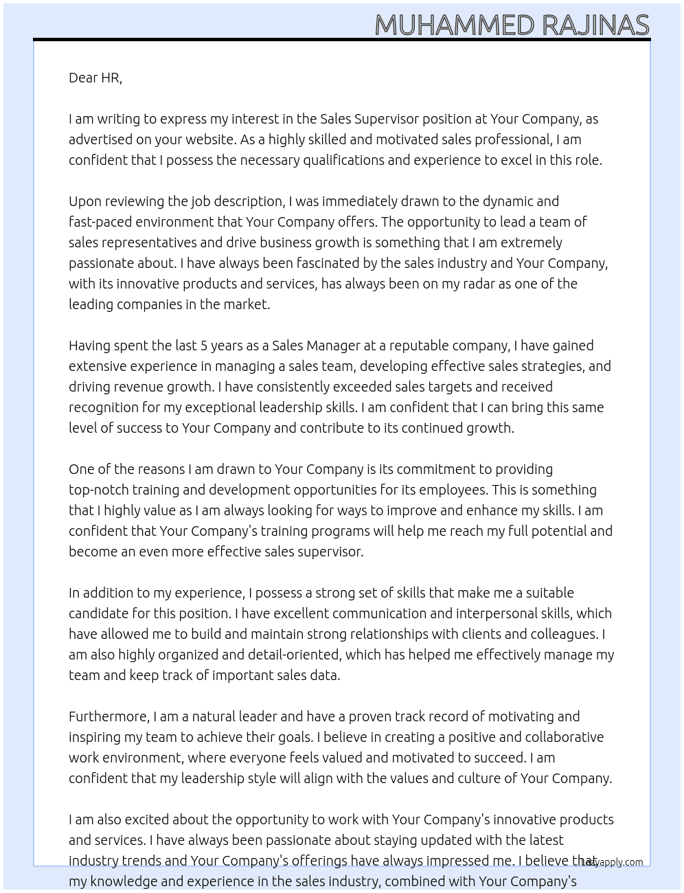 Sales supervisor At Your compny Cover Letter