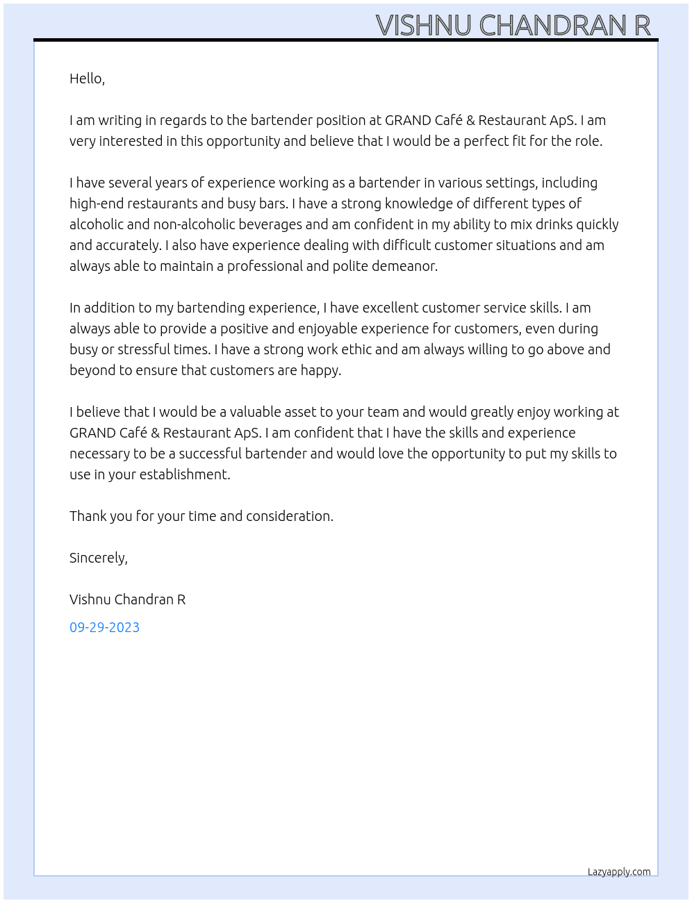 Bartender At GRAND Café & Restaurant ApS Cover Letter