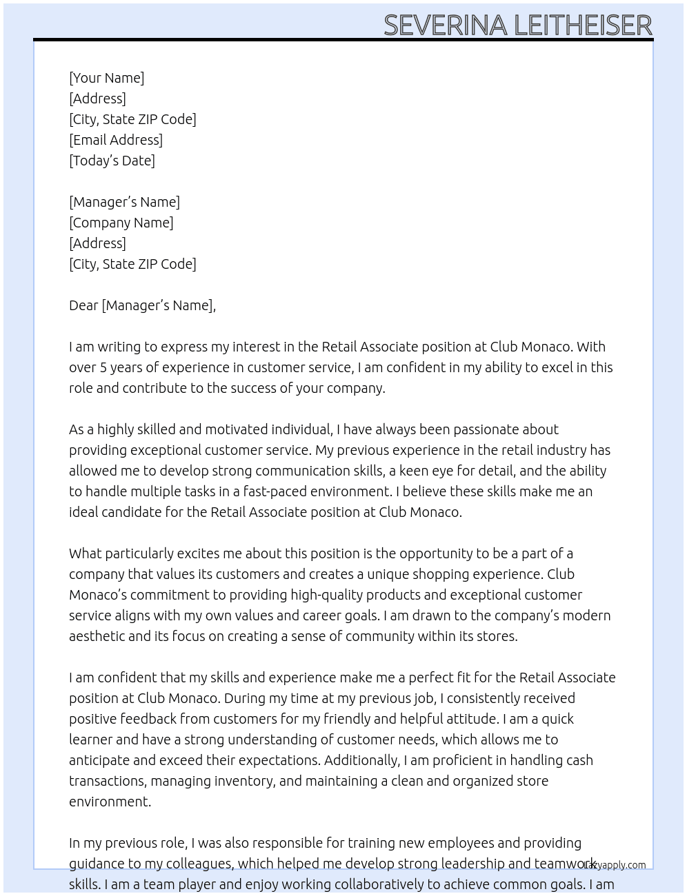 retail associate At Club Monaco Cover Letter