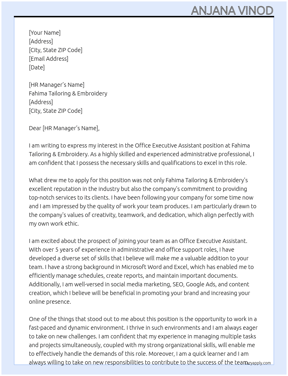 Office Executive Assistant  At Fahima Tailoring & Embroidery  Cover Letter