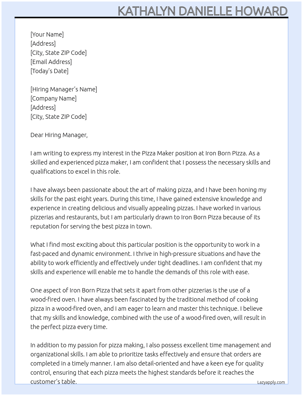 Pizza Maker At Iron Born Pizza Cover Letter
