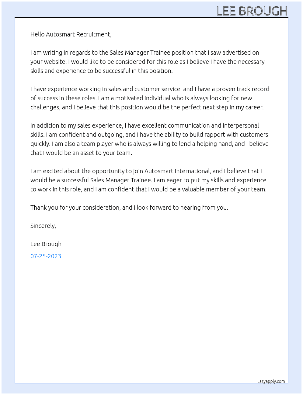 Sales Manager Trainee At Autosmart International Cover Letter