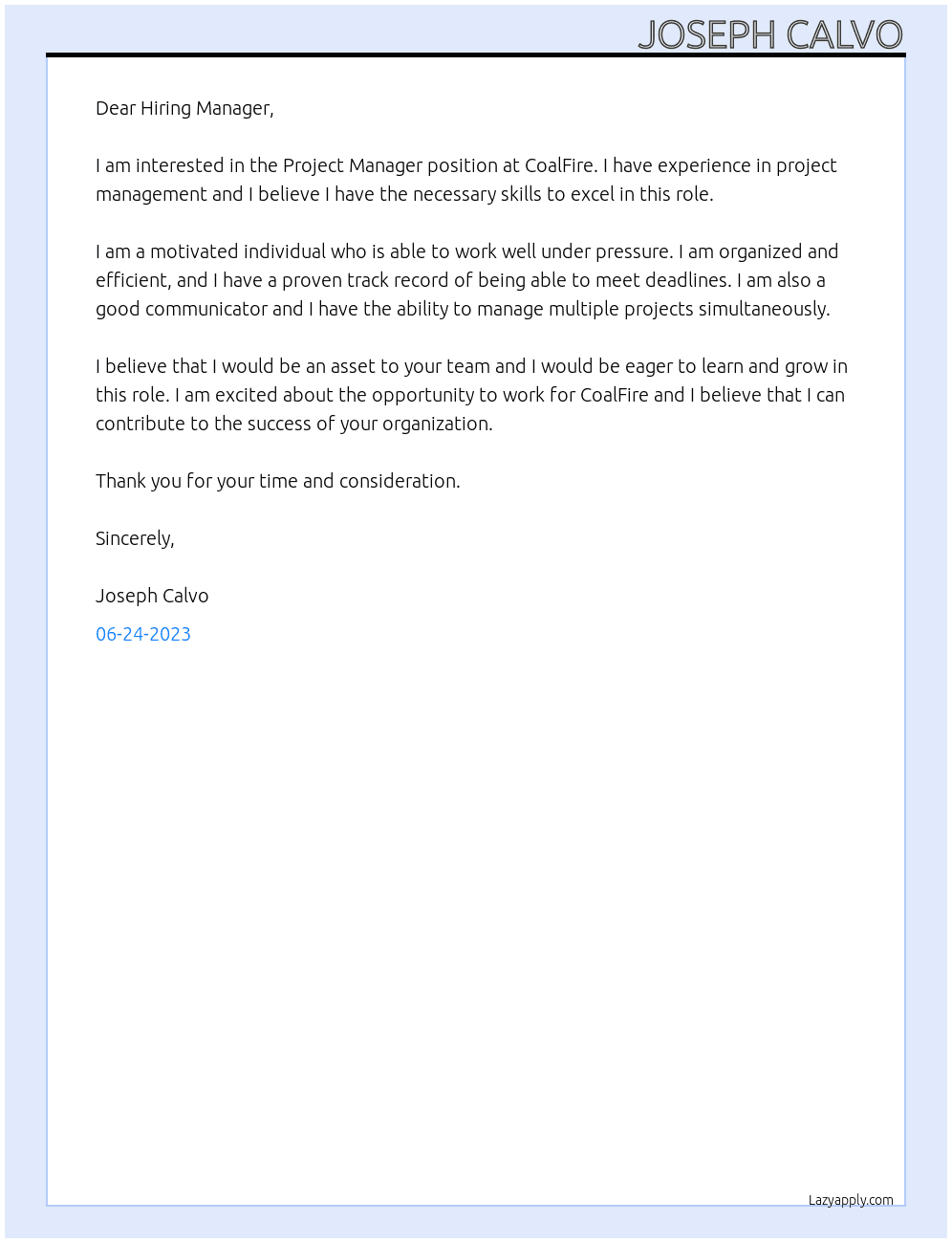 Project Manager At CoalFire Cover Letter