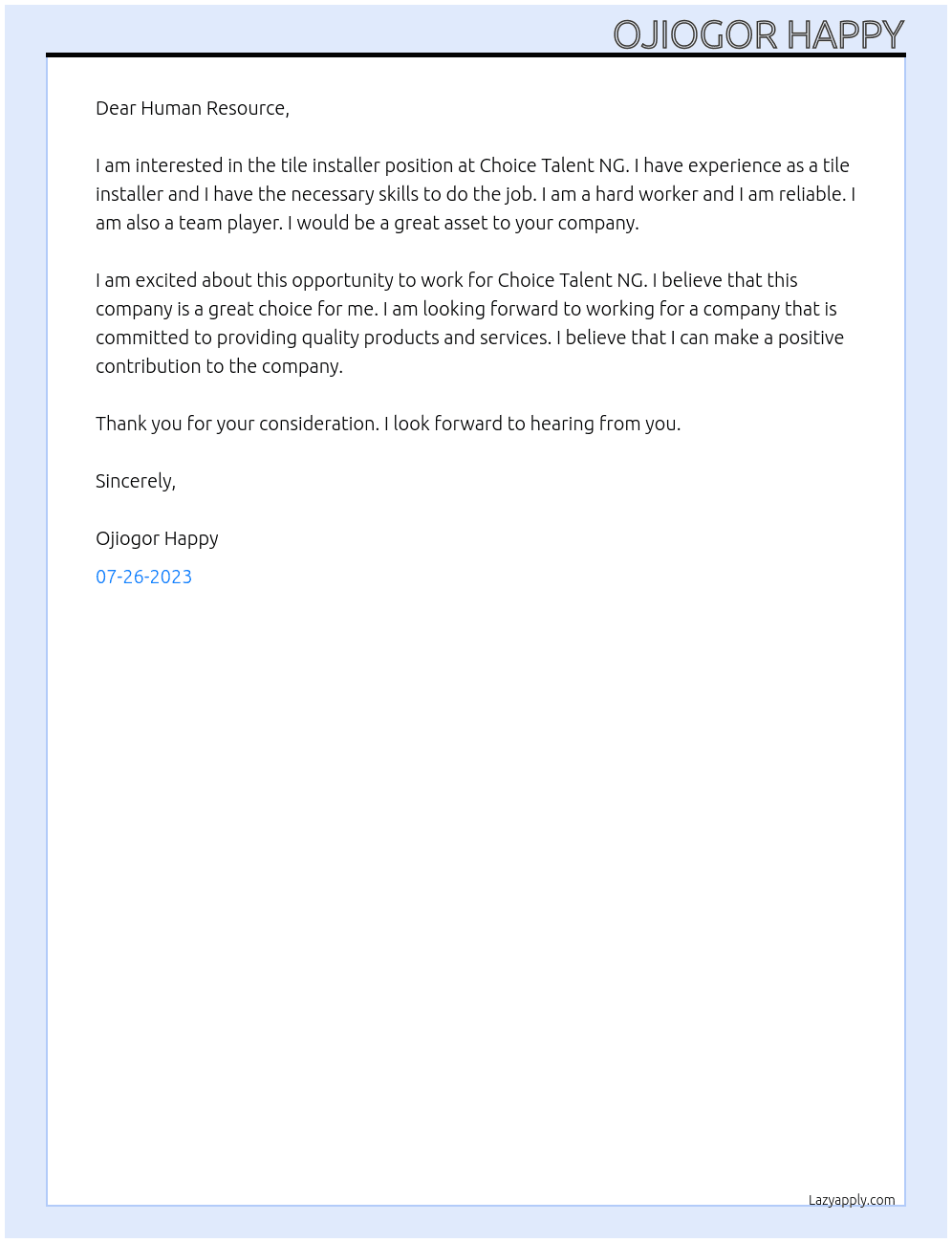Tile Installer At Choice Talent NG Cover Letter