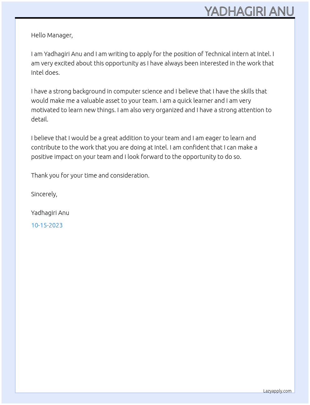 Technical intern  At Intel  Cover Letter