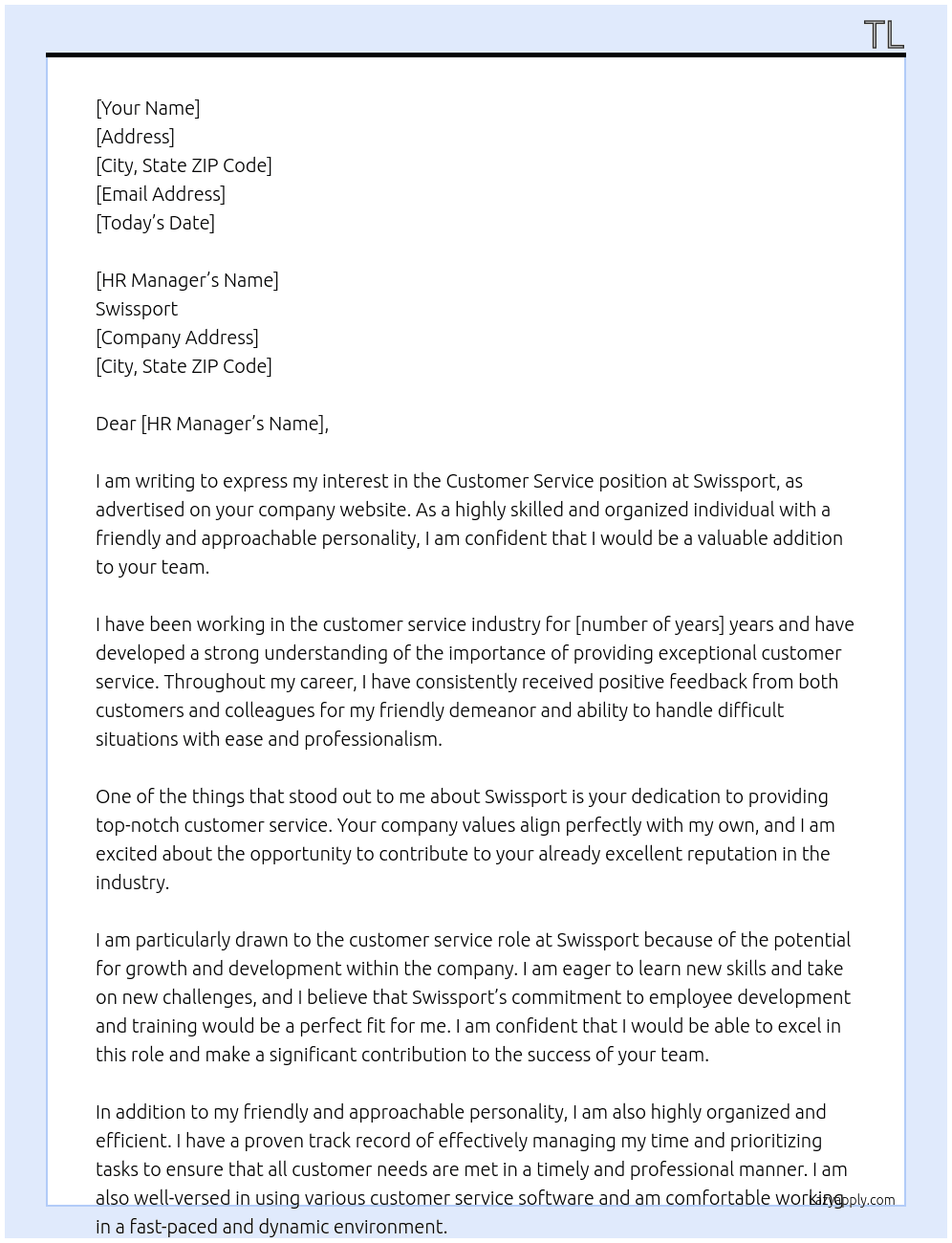 Customer service  At Swissport Cover Letter