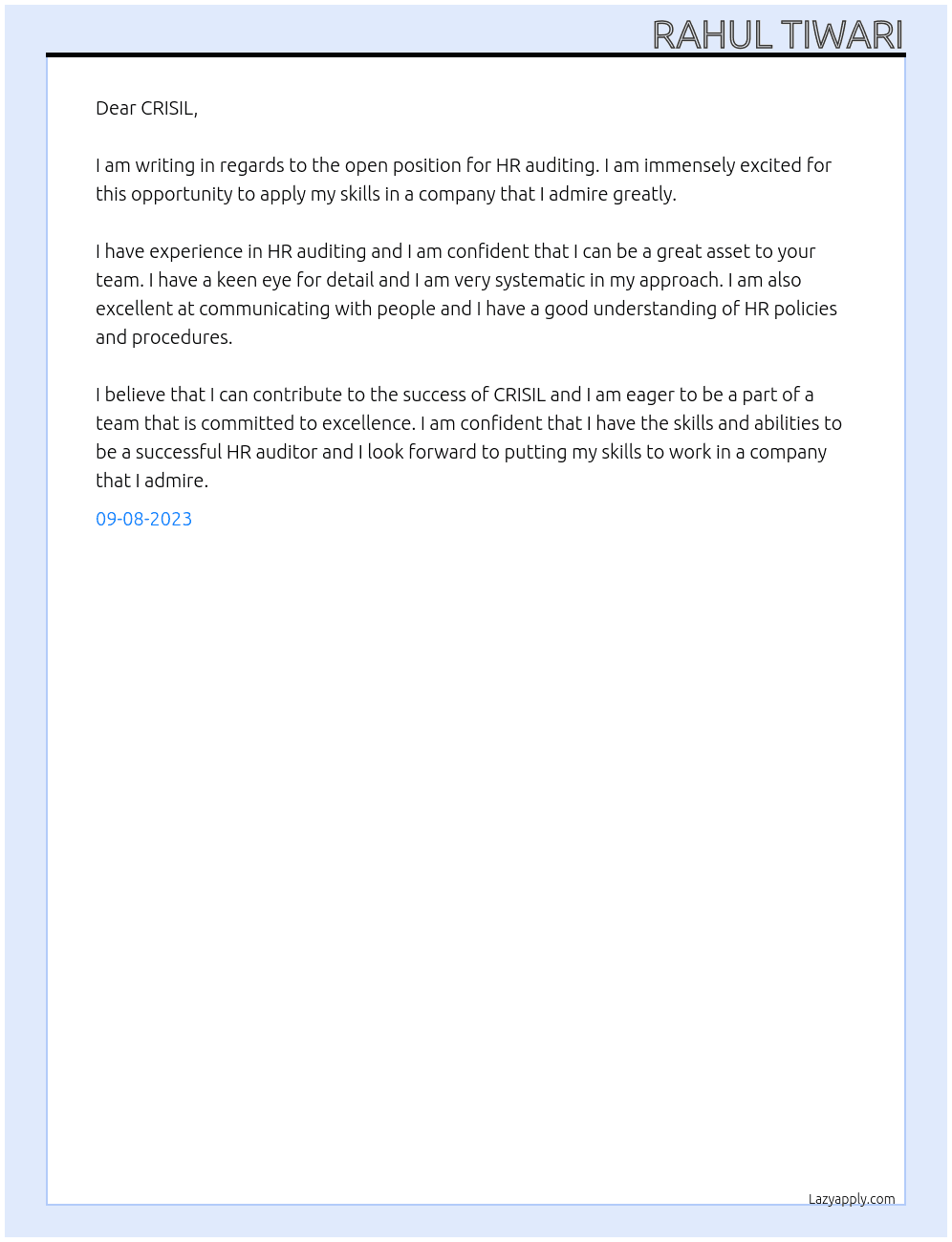 HR auditing  At CRISIL Cover Letter