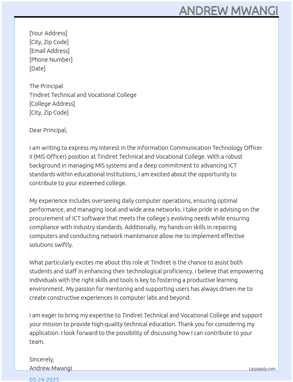 information communacation technology officer II(MIS officer) At Tindiret Technical and Vocational College Cover Letter