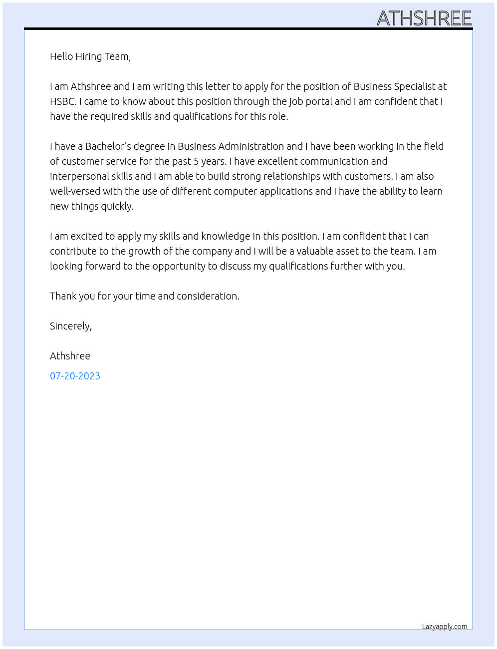 business specialist At HSBC Cover Letter