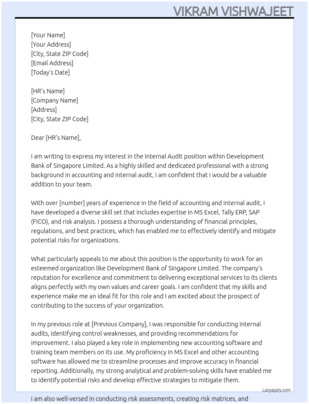 Internal Audit  At Development Bank of Singapore Limited Cover Letter