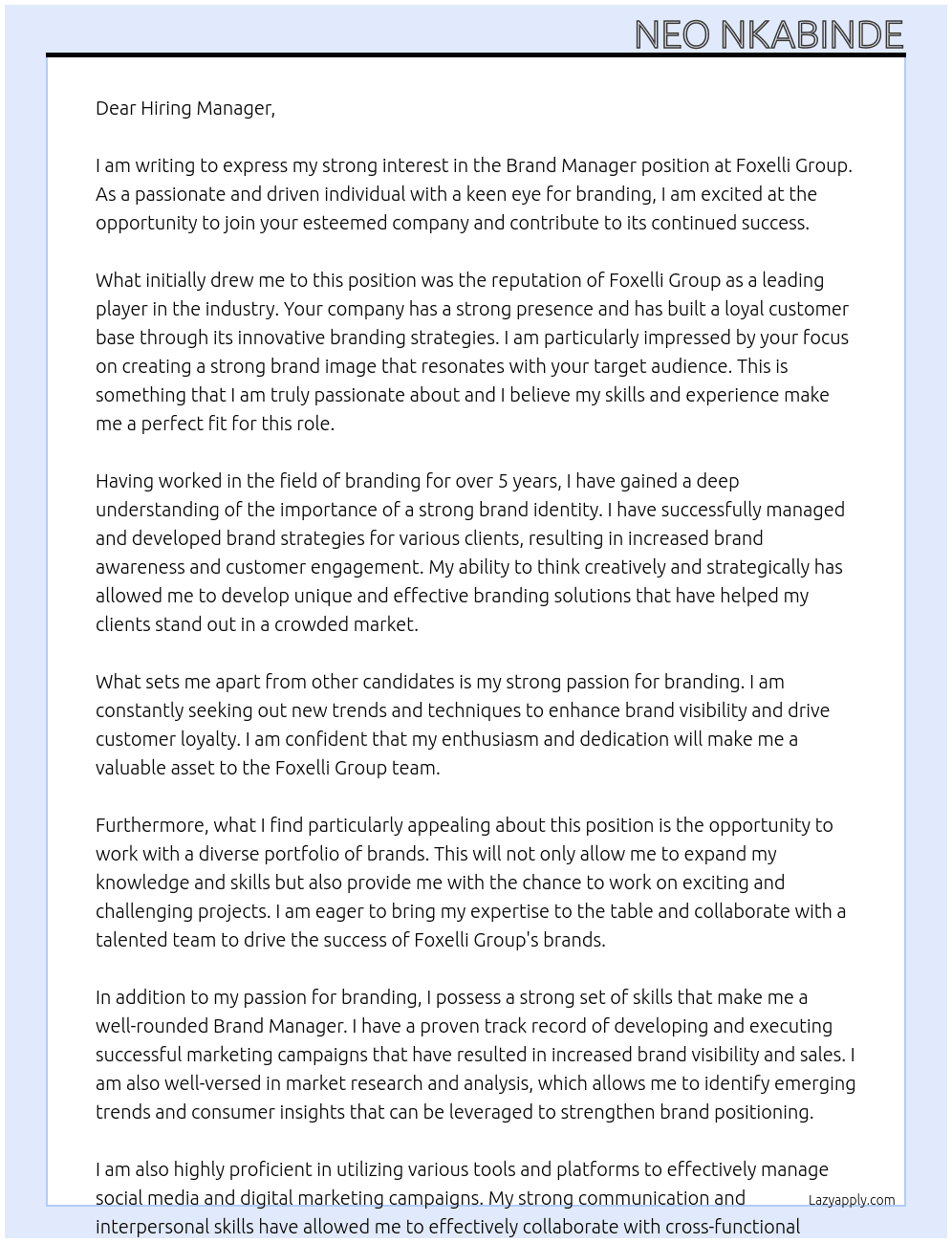 Brand Manager At Foxelli group Cover Letter