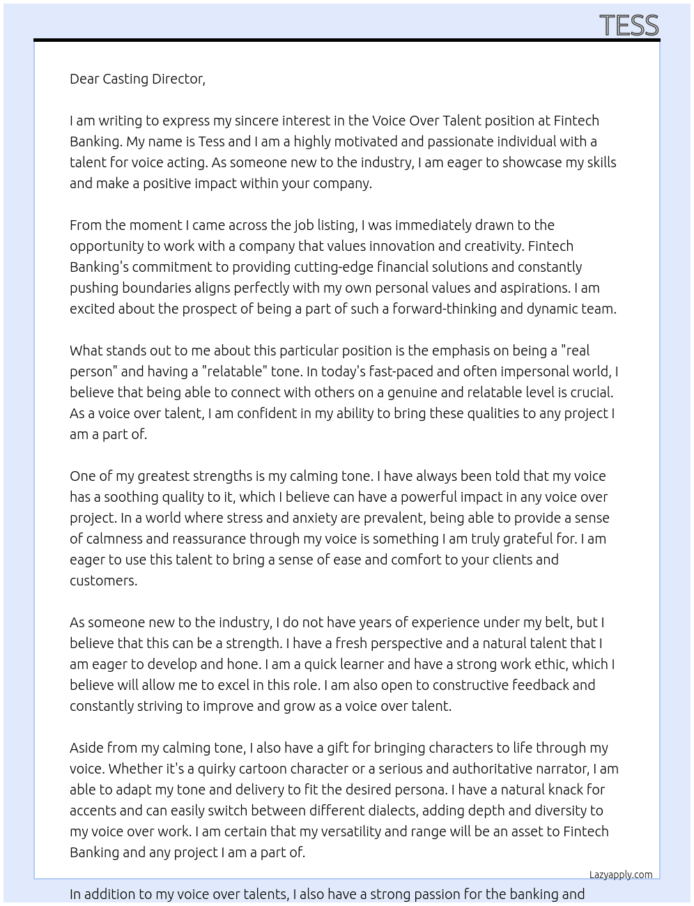 Voice Over Talent At Fintech Banking Cover Letter
