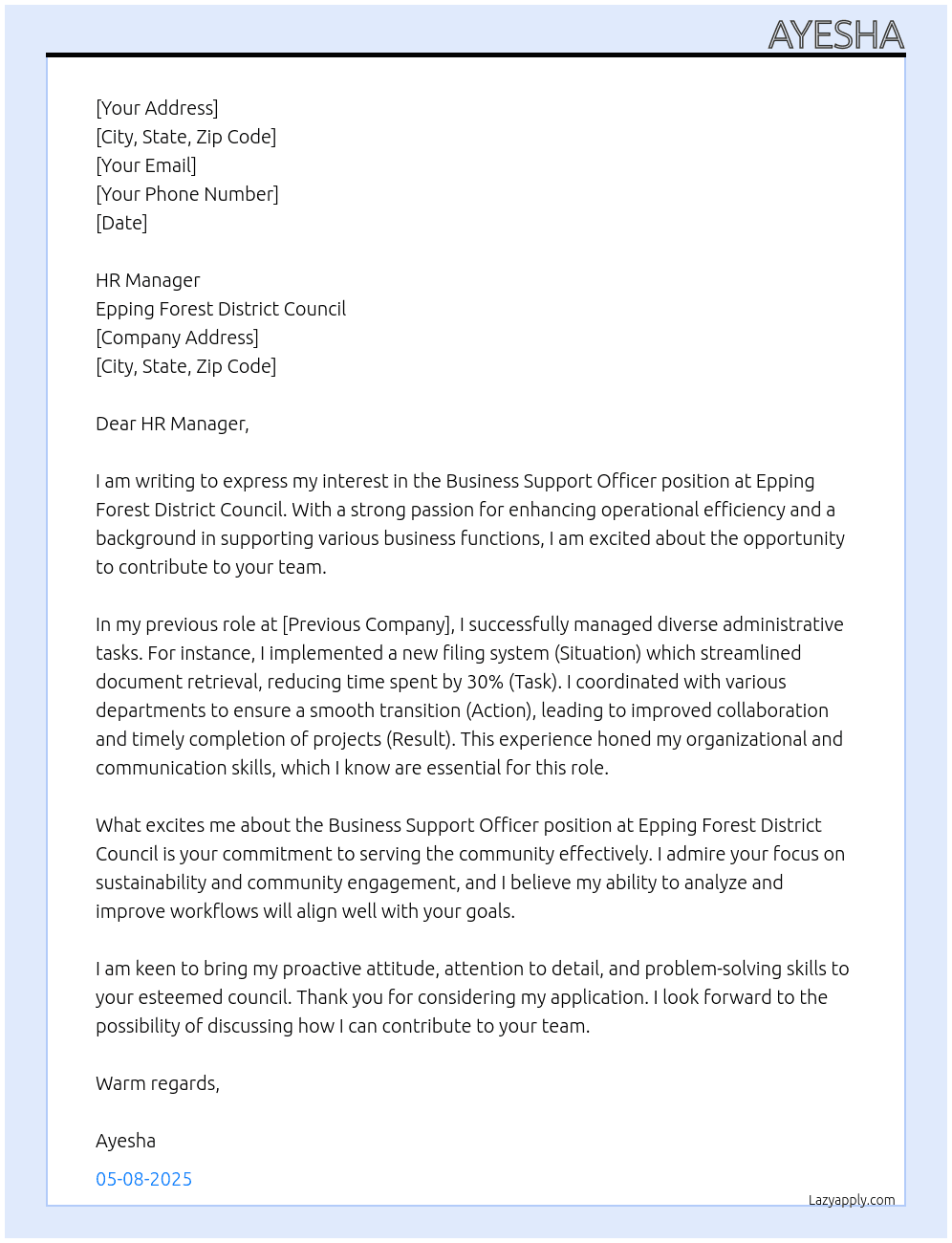 Cover letter for business support officer - LazyApply