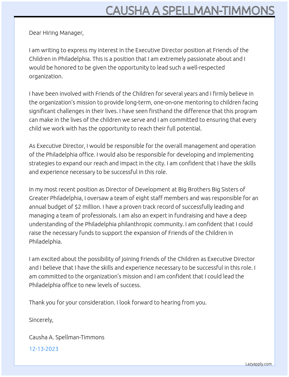 Executive Director - Philadelphia At Friends of the Children Cover Letter